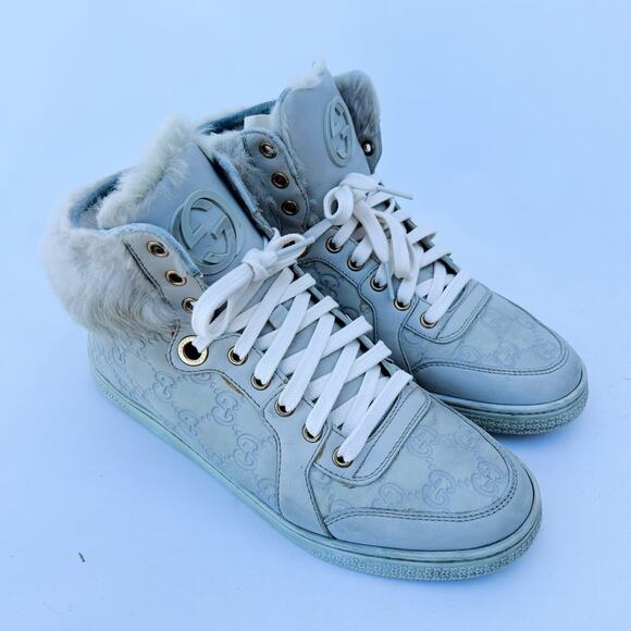 Gucci Authentic Rabbit Fur High Top Guccissima GG Sneakers Monogram 39 Grey 9 - Picture 2 of 15